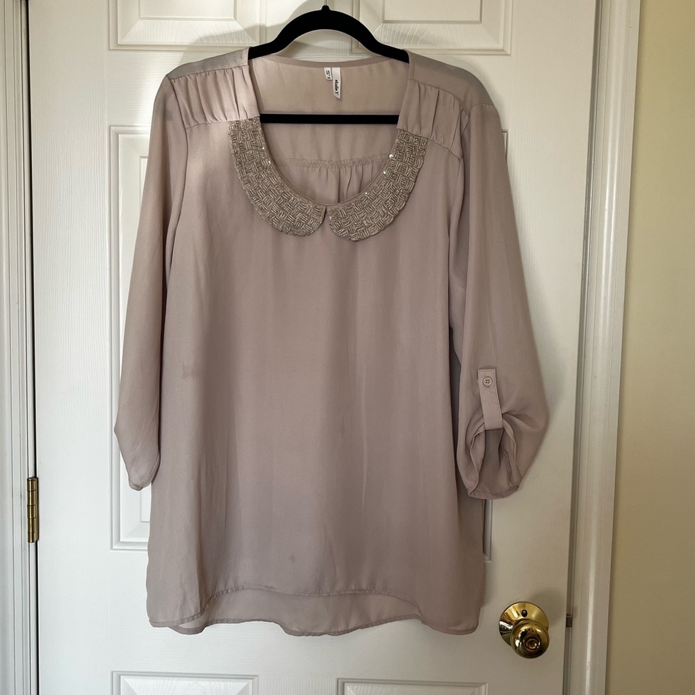 XXL Beaded Collar Beige Blouse